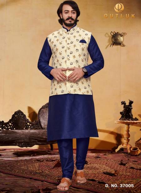 Cream Traditional Jacquard Silk Party Wear Kurta Pajama With Jacket Mens Collection 37005